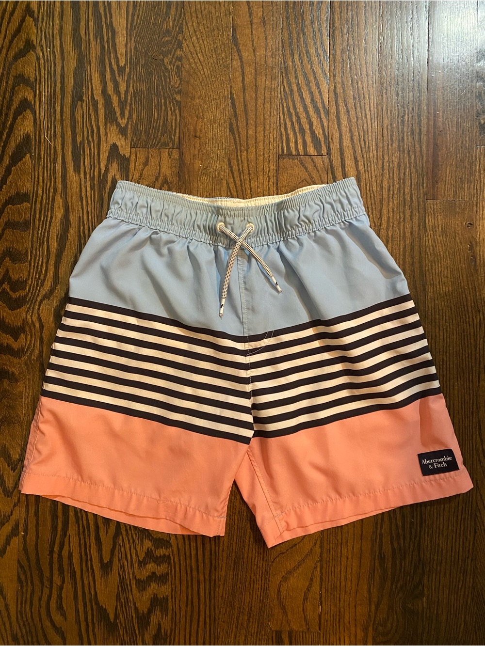 abercrombie kids Light Blue, Coral and Navy Striped Swim Shorts
